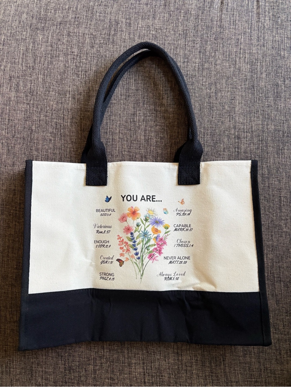 Floral Canvas Tote Bag in Black & Cream - Inspirational "You Are" Design